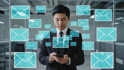 Japanese businessman in suit looking at the phone with email notifications floating Technology overload 4K - Powered by Adobe