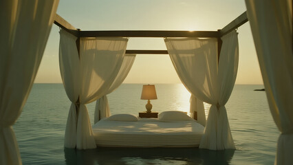 cinematic realistic bed drifting on calm sea, white curtains blowing gently, warm bedside lamp glowing soft