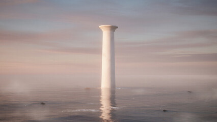 tall white column rising from calm ocean, pastel sky