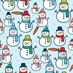 Christmas Pattern Vector. Seamless Christmas Snowman Pattern with Hat and Scarf. Merry Christmas Cheerful Seamless Pattern Background. Perfect for textile, wallpaper or print design.