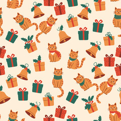 Christmas Pattern Vector. Seamless Christmas Cat Pattern with Bell and Gift. Merry Christmas Animal Seamless Pattern Background.