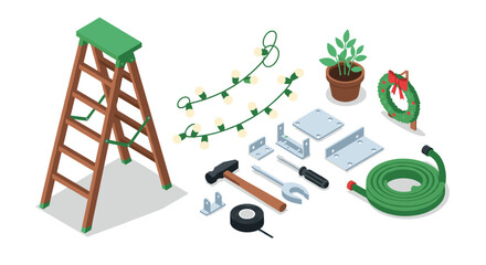 Isometric gardening and diy tools set with ladder and festive decorations