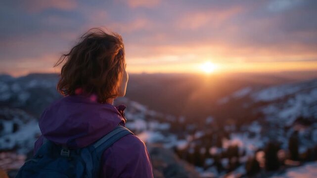 Female traveler silhouetted against radiant sunset over snow-clad mountains, backpack glowing faintly, endless horizon left for copy space