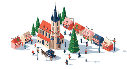 Festive christmas village market with stalls, horse carriage, and holiday decorations in isometric style