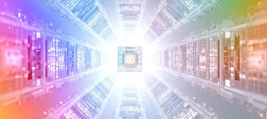 Computer microchip core on virtual space dimension. Generative AI technology.