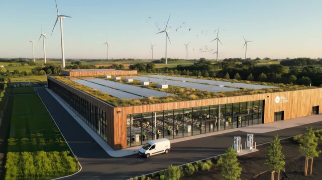 Aerial of Eco-Friendly Building With Solar Panels and Wind Turbines
