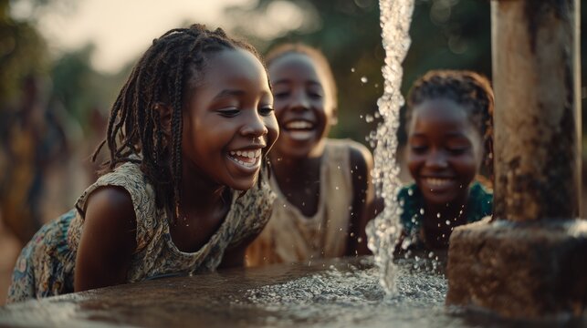 Three girls lean over a water pump, eagerly watching the water splash into their containers. The girls share laughter as they fill the containers, enjoying the refreshing experienc