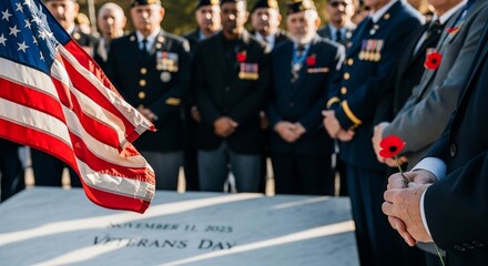 Veterans Day Ceremony with Flag and Honoring Veterans in Attendance for Memorial Blogs, History Websites, Awareness Campaigns, and Social Media Commemorations  