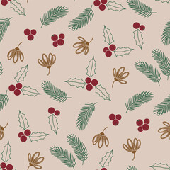Winter Christmas Pattern Vector. Seamless Pattern Festive Background with Berries and Pine Leaves. Holiday Decoration Seasonal Print Fabric Wrapping Paper.