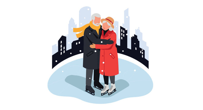 Elderly couple ice skating in winter cityscape with falling snow