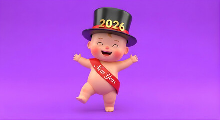 Cute Cartoon Happy New Year 2026 Baby Dancing on a purple Background, Playful New Year 2026 Baby