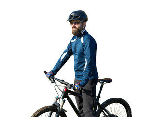 Obraz premium Cyclist in pants and fleece jacket on a modern carbon hardtail bike with an air suspension fork. The guy on the top of the hill rides a bike.