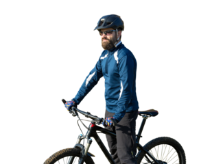 Cyclist in pants and fleece jacket on a modern carbon hardtail bike with an air suspension fork. The guy on the top of the hill rides a bike.