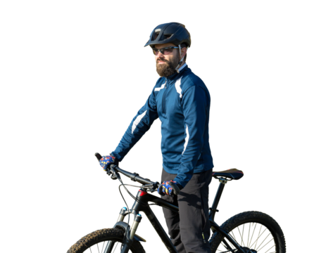 Cyclist in pants and fleece jacket on a modern carbon hardtail bike with an air suspension fork. The guy on the top of the hill rides a bike.