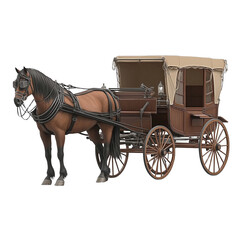 Fototapeta premium Brown horse pulling a vintage carriage isolated on a transparent background