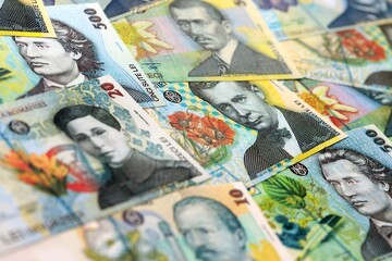 Romanian Leu currency money bills. RON currency banknotes in stack with different denomination close up