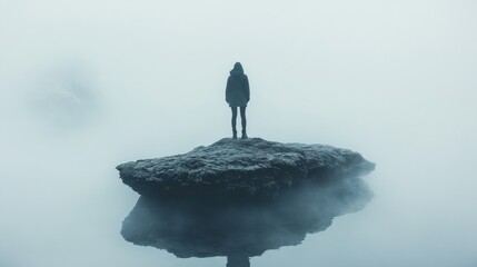 a man standing rock alone surrounded with misty weather