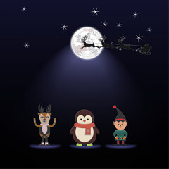 Christmas Night Scene with Stylized Reindeer, Penguin, and Elf Characters