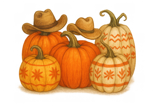 Grouping of decorated pumpkins and squash with cowboy hats, representing rural autumn traditions and thanksgiving harvest - Powered by Adobe