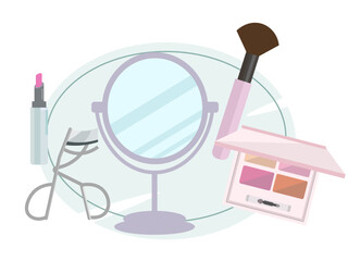 メイク用品のイラスト素材セット。メイク道具。化粧品。ベクターイラスト