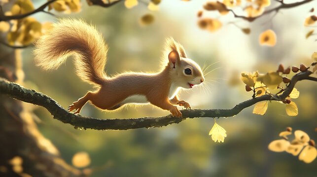A cute squirrel with a bushy tail runs along a tree branch bathed in warm sunlight.