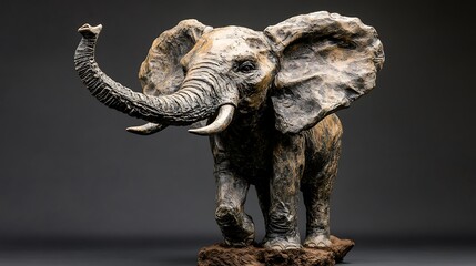Fototapeta premium Bronze elephant sculpture with raised trunk and large ears.