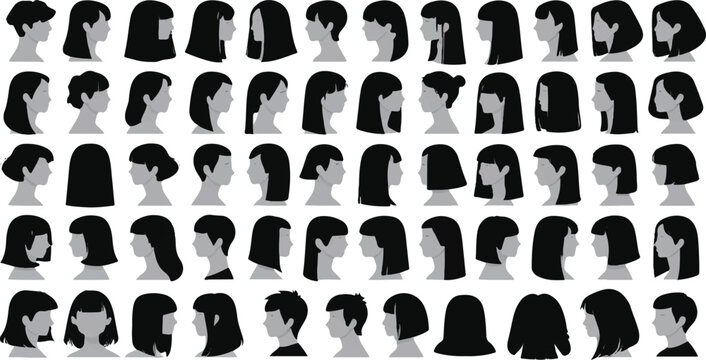 Vector Silhouette Collection of Female Hairstyles in Profile View