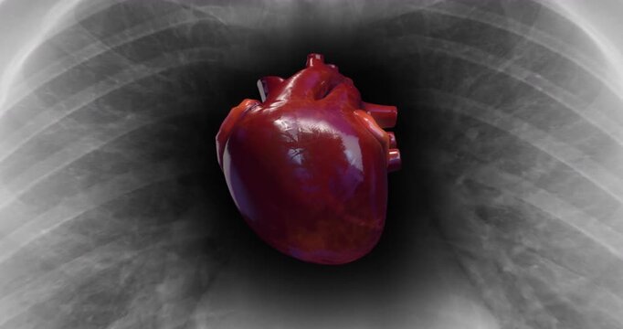 Human heart beating inside transparent rib cage medical concept. Medical and health related 3D animation. 