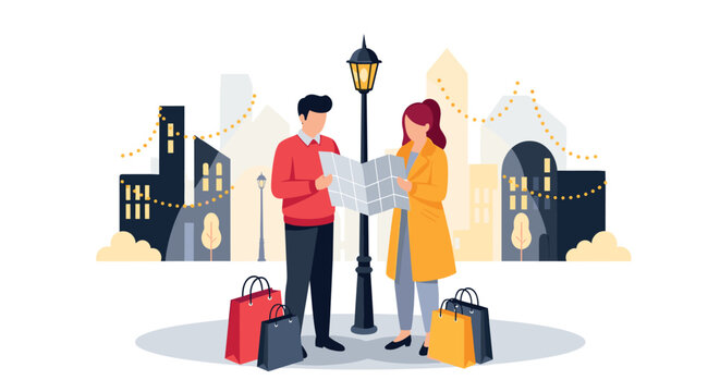 Urban exploration couple checking map amid cityscape - Powered by Adobe