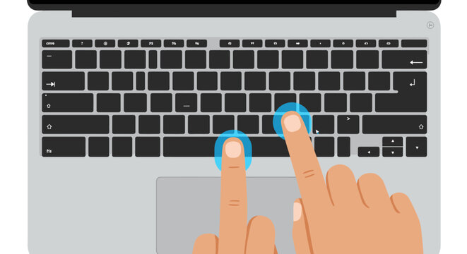 A top-down perspective showcases human fingers actively pressing keys on a modern silver laptop keyboard, illustrating digital interaction and productivity.