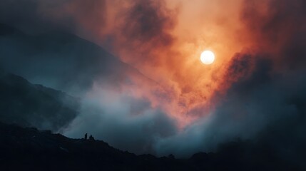 Dramatic sunset illuminates misty mountains with distant hikers observing the spectacle