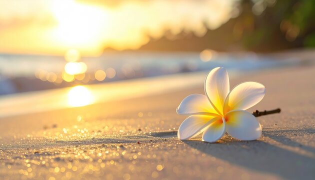 Frangipani flower rests on a wet sandy beach with gentle ocean waves and golden sunset light reflecting on the water and shore during twilight