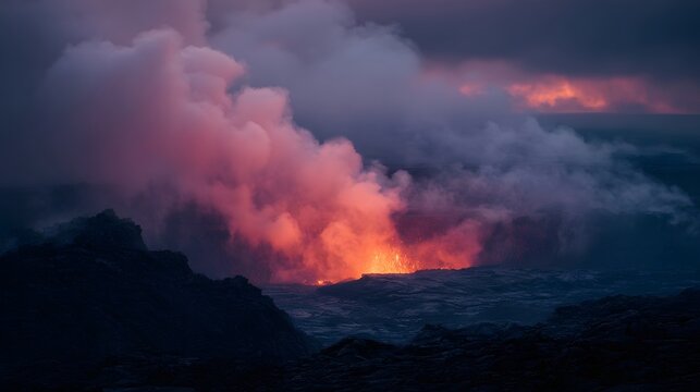 Dramatic volcanic eruption at twilight with glowing lava and smoke