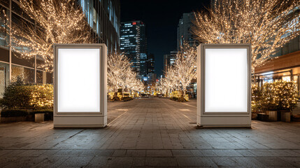 Two blank billboards stand in a serene winter street, surrounded by trees aglow with warm lights. The atmosphere is festive, inviting creativity for holiday advertising