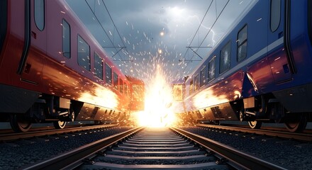 Dramatic train collision on tracks with bright explosion and sparks in a snowy environment