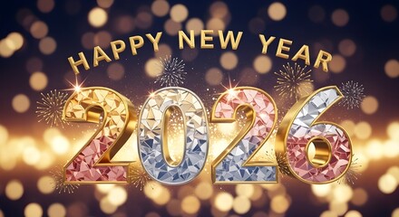 Sparkling happy new year 2026 celebration with glittering numbers and bokeh lights background