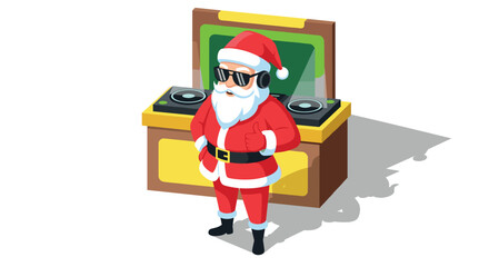 Cool dj santa claus spinning records in isometric style holiday party scene