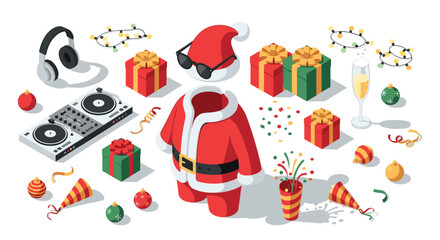 Festive santa dj with gifts and holiday decor in isometric style