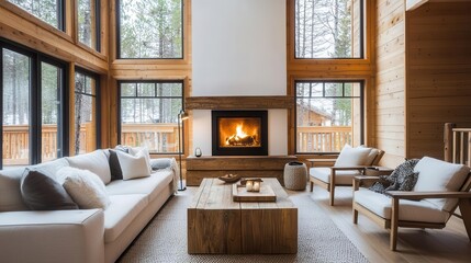 Fototapeta premium Openplan wooden living room with rustic oak furniture, large windows, and a soft, glowing fireplace