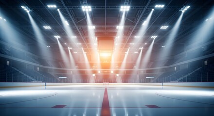 Illuminated ice hockey arena with bright spotlight beams and empty rink ready for game