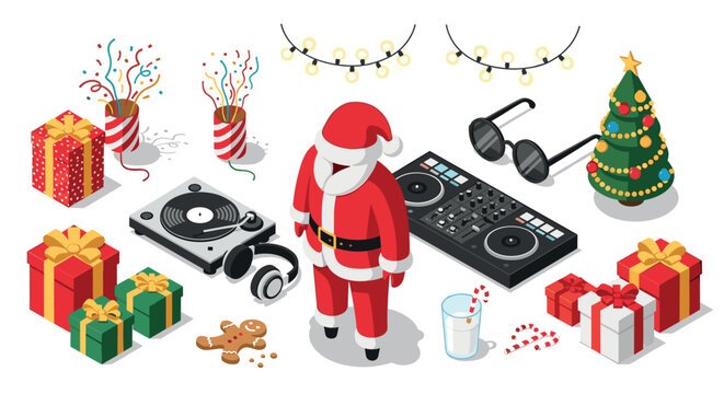 Festive santa dj scene with gifts and christmas decorations in isometric style - Powered by Adobe