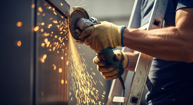 Man grinding metal with an angle grinder outdoors, producing sparks. Safety equipment, construction, and repair work in action footage.