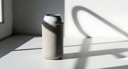 Minimalist product photography of a sleek silver spray bottle casting a dramatic shadow against a white wall