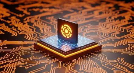 Futuristic glowing digital data chip or token standing on a illuminated platform over a complex circuit board