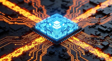 Glowing blue central processor unit with illuminated orange circuitry and data flow on a dark background