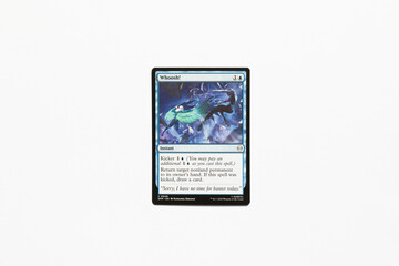 Obraz premium Bradford, UK Nov 3 2025 Whoosh! card from the Spider-man magic the gathering card game shot isolated on a white paper background.