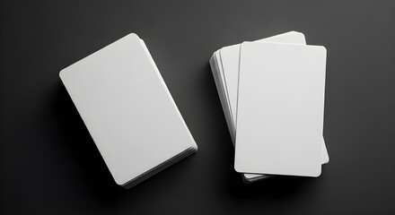 Two stacks of blank white playing cards on a dark gray background with a minimalist aesthetic