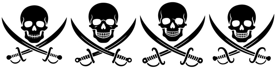 Set of pirate skulls with crossed swords. Jolly Roger symbol variation. Ideal for pirate theme parties, tattoos, emblems, or game assets. Black and white isolated icons.