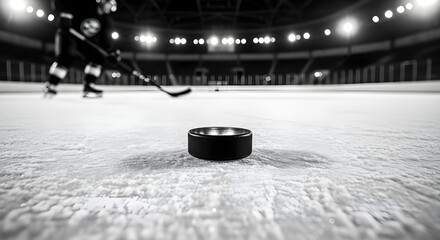 Black and white low angle shot of a hockey puck on ice with a player in motion ready to shoot