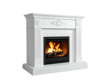 A classical, white fireplace with a burning fire inside the black insert, providing warmth and ambiance